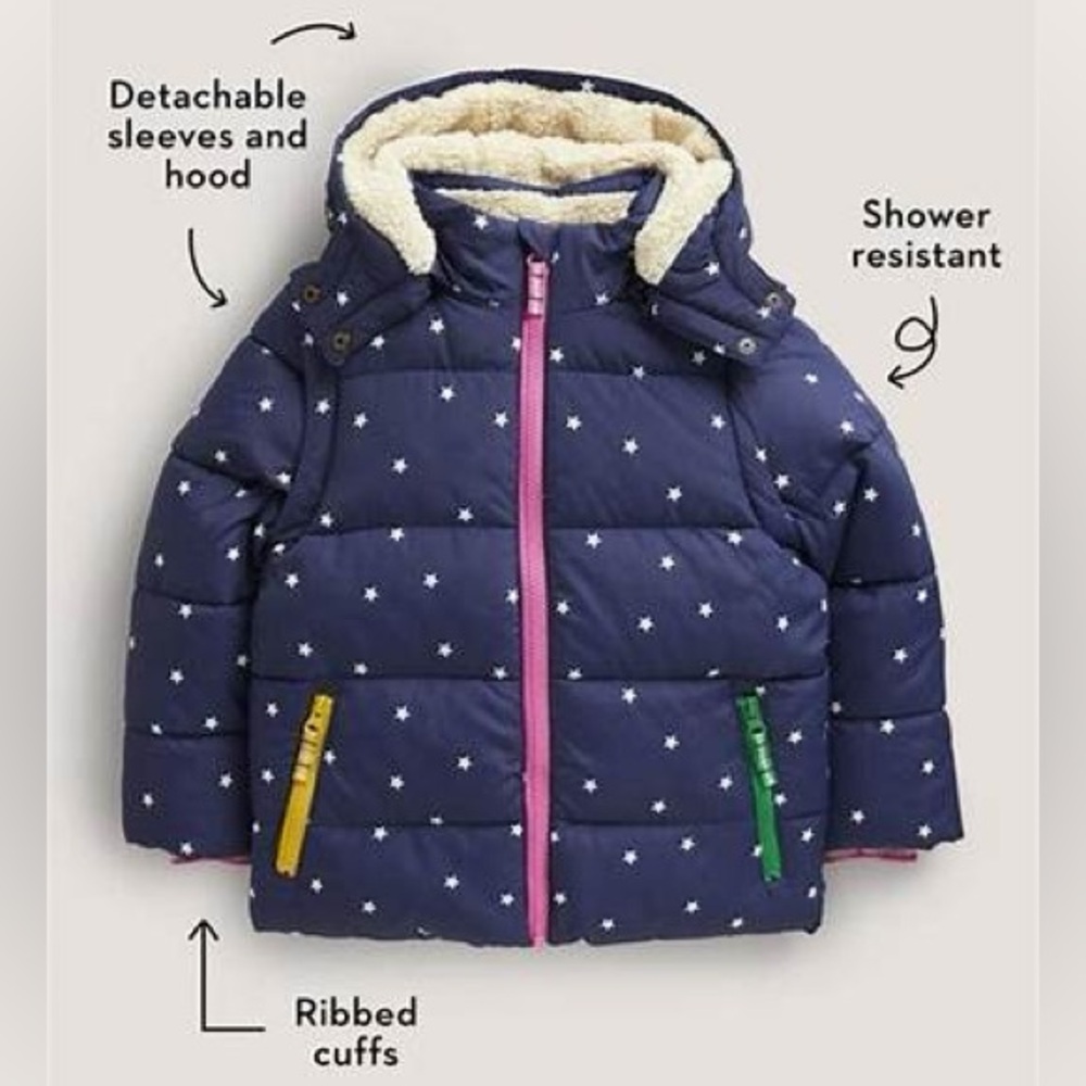 Mini Boden Navy Star Print Puffer Jacket with Detachable Hood